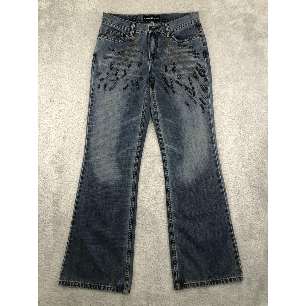 Express Jeans Womens 7/8 (31x31.5) Blue NWT Vintage Bootcut Studded Metal Beaded